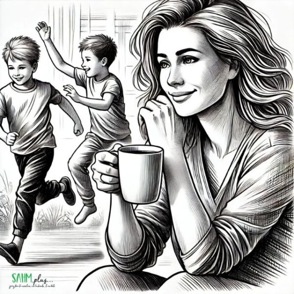 Woman with a cup of coffee and 2 kids playing in the background trying to enjoy motherhood.